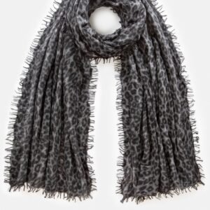 Grey Leopard Print Fringed Scarf
